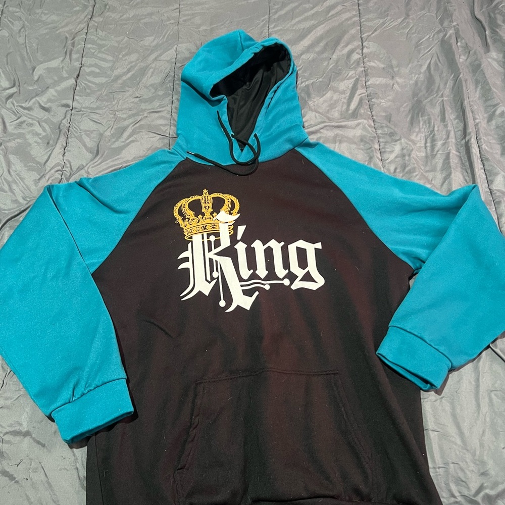 Black and Teal Hoodie with King Graphic